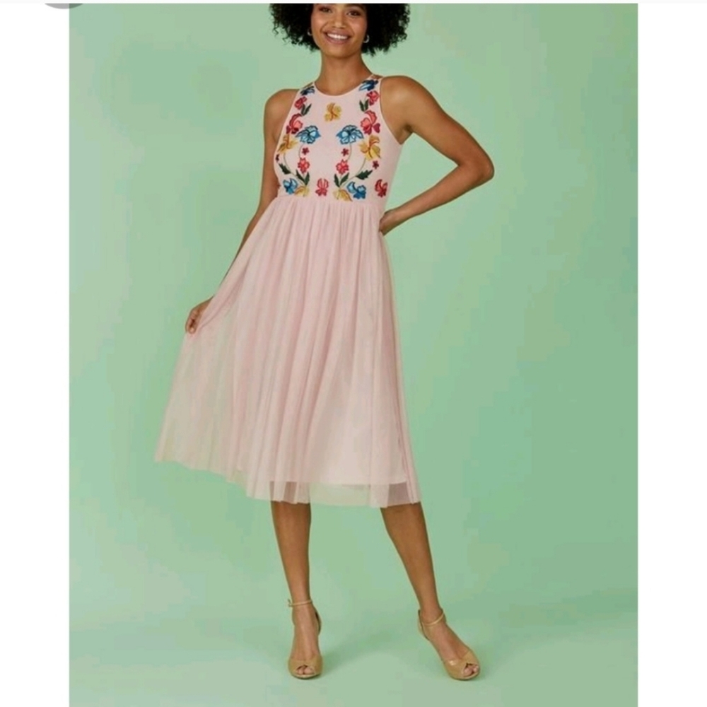 Frock & Frill NWT Romantic Blush Tulle Midi Dress | Embroidered Floral Size 6 - Picture 2 of 11